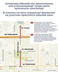 В Алматы на ночь ограничат движение на участках проспекта Абылай хана