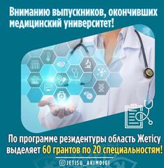 В области Жетысу на обучение по программе резидентуры выделено 60 грантов по 20 специальностям