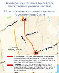 В Алматы временно ограничат движение на участке улицы Саина