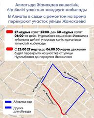В Алматы в связи с ремонтом на время перекроют участок улицы Жамакаева