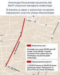 В Алматы в связи с ремонтом на время перекроют участок улицы Исиналиева