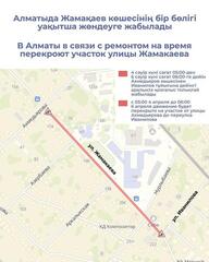 В Алматы в связи с ремонтом на время перекроют участок улицы Жамакаева