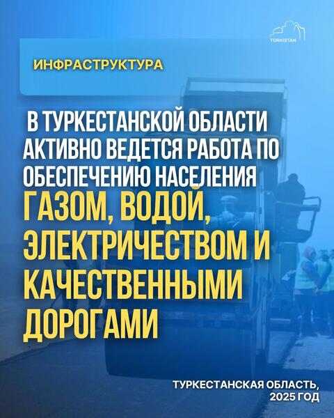 В ТУРКЕСТАНСКОЙ ОБЛАСТИ АКТИВНО ВЕДЕТСЯ РАБОТА ПО ОБЕСПЕЧЕНИЮ НАСЕЛЕНИЯ ГАЗОМ, ВОДОЙ, ЭЛЕКТРИЧЕСТВОМ И КАЧЕСТВЕННЫМИ ДОРОГАМИ