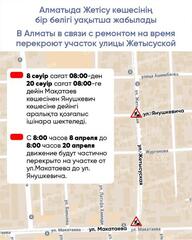 В Алматы в связи с ремонтом на время перекроют участок улицы Жетысуской