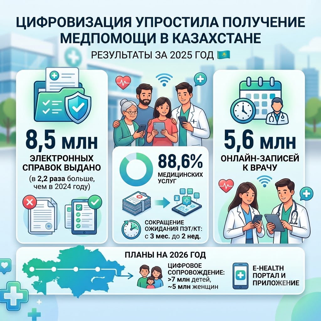 8,5 млн электронных справок и 5,6 млн онлайн-записей: цифровизация упростила получение медпомощи в Казахстане