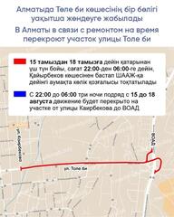 В Алматы в связи с ремонтом на время перекроют участок улицы Толе би