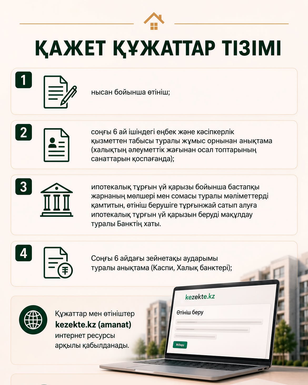 ТҰРҒЫН ҮЙ СЕРТИФИКАТТАРЫНА ӨТІНІМ ҚАБЫЛДАУ 17 ТАМЫЗДАН БАСТАЛАДЫ