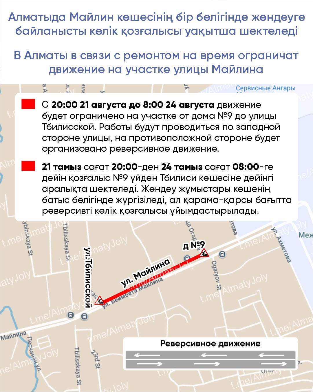 В Алматы в связи с ремонтом на время ограничат движение на участке улицы Майлина