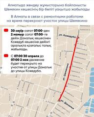 В Алматы в связи с ремонтными работами на время перекроют участок улицы Шемякина