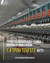 В ТУРКЕСТАНСКОЙ ОБЛАСТИ ЗА 11 МЕСЯЦЕВ ОБЪЁМ ПРОМЫШЛЕННОГО ПРОИЗВОДСТВА ДОСТИГ 1,4 ТРЛН ТЕНГЕ