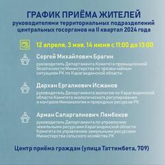График приёма жителей Карагандинской области руководителями департаментов и инспекций на II квартал 2024 года
