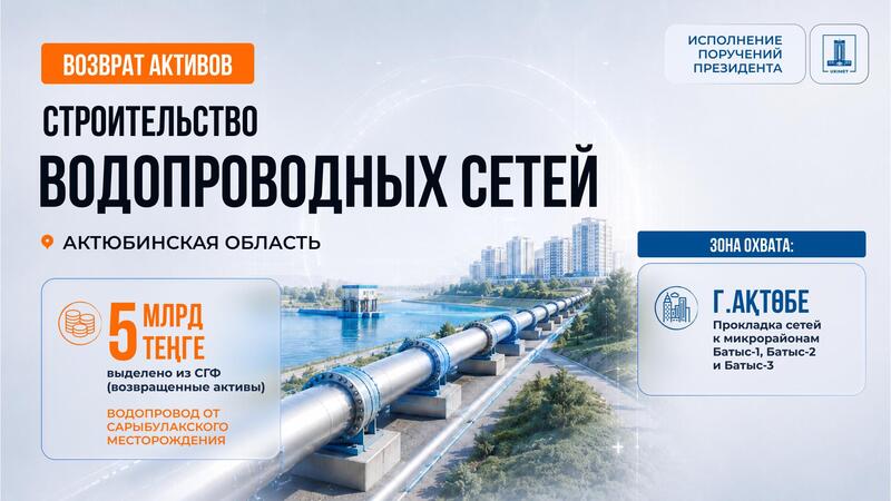 5 млрд тенге возвращенных активов выделены на строительство водопровода в Актюбинской области