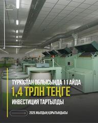 В ТУРКЕСТАНСКОЙ ОБЛАСТИ ЗА 11 МЕСЯЦЕВ ПРИВЛЕЧЕНО 1,4 ТРЛН ТЕНГЕ ИНВЕСТИЦИЙ