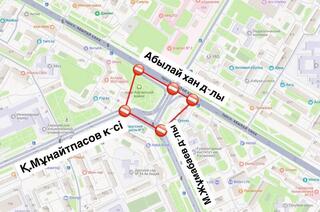 Пересечение улицы Мунайтпасова с проспектами Жумабаева и Абылай хана будет перекрыто на ремонт