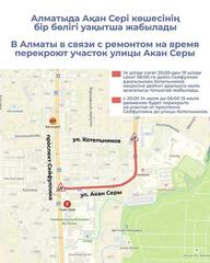 В Алматы в связи с ремонтом на время перекроют участок улицы Акан Серы