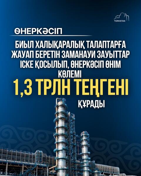 В ЭТОМ ГОДУ В ТУРКЕСТАНСКОЙ ОБЛАСТИ ВВЕДЕНЫ В ЭКСПЛУАТАЦИЮ СОВРЕМЕННЫЕ ЗАВОДЫ, ОТВЕЧАЮЩИЕ МЕЖДУНАРОДНЫМ ТРЕБОВАНИЯМ, А ОБЪЕМ ПРОМЫШЛЕННОЙ ПРОДУКЦИИ СОСТАВИЛ 1,3 ТРЛН ТЕНГЕ.
